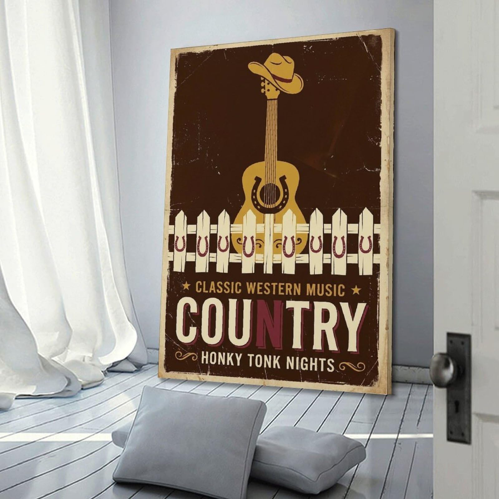 OKNGB Poster decorativo da parete su tela, stile retrò, con cowboy occidentale, chitarra, musica country, poster decorativo moderno per camera da letto, 50 x 75 cm