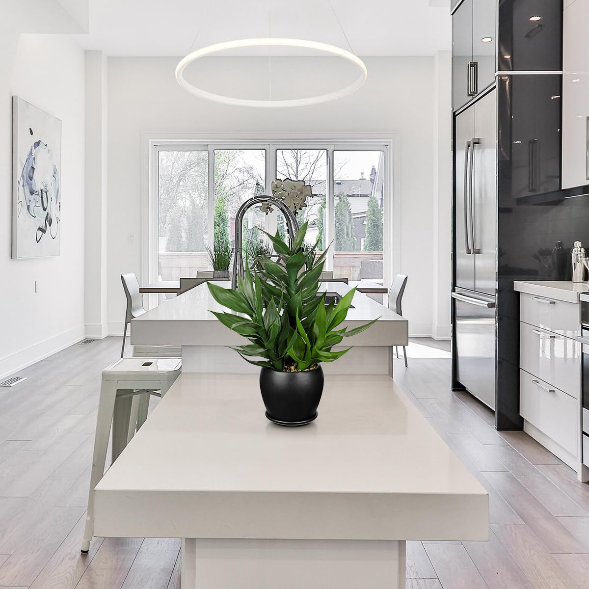 Plantas artificiales de bambú para interiores, 19.6 pulgadas de alto, planta de bambú falsa de la suerte en maceta negra, plantas verdes artificiales decorativas para el hogar, oficina, cocina