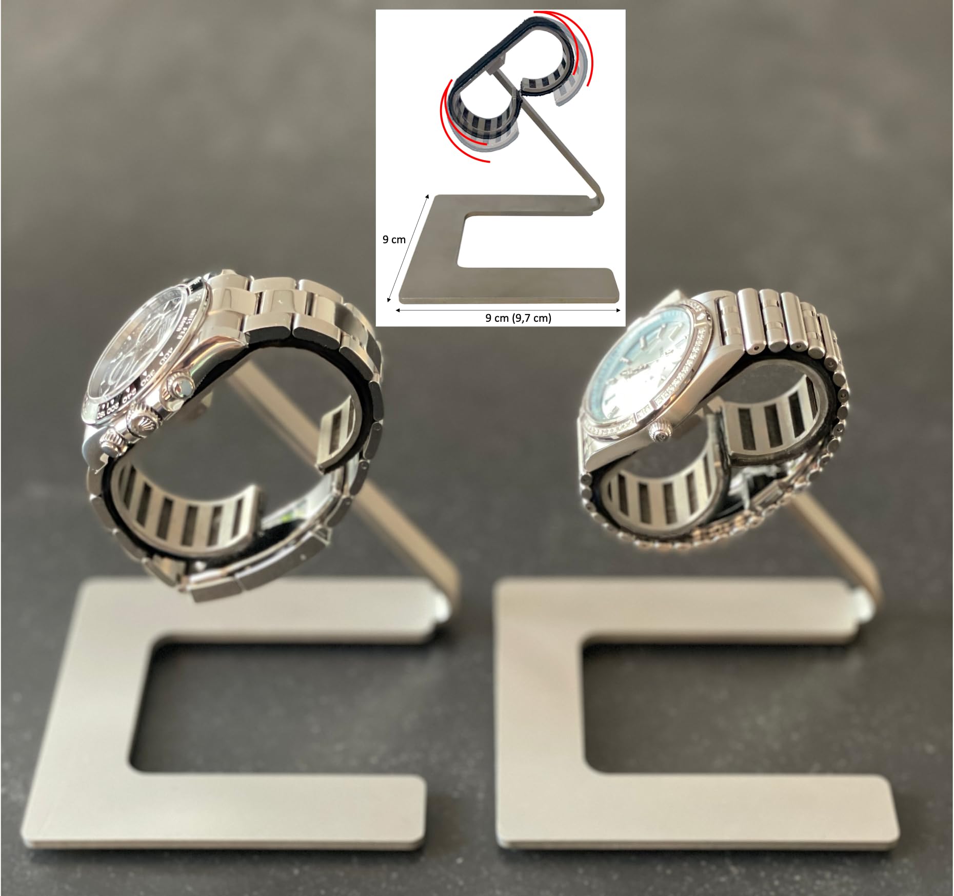 UNO – Soporte para relojes de acero inoxidable | Ajustable, minimalista y elegante | Base de exhibición con cojín de cuero genuino