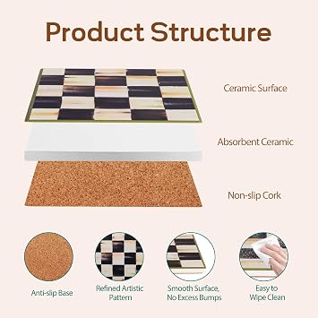 Square Balck and White Chekered Drink Coasters, Ceramic Coasters Set of 4, Absorbent Coaster with Anti Slip Cork Back, Black and White Plaid Racing Cup Coaster, Chessboard Coffee Table Cup Mat