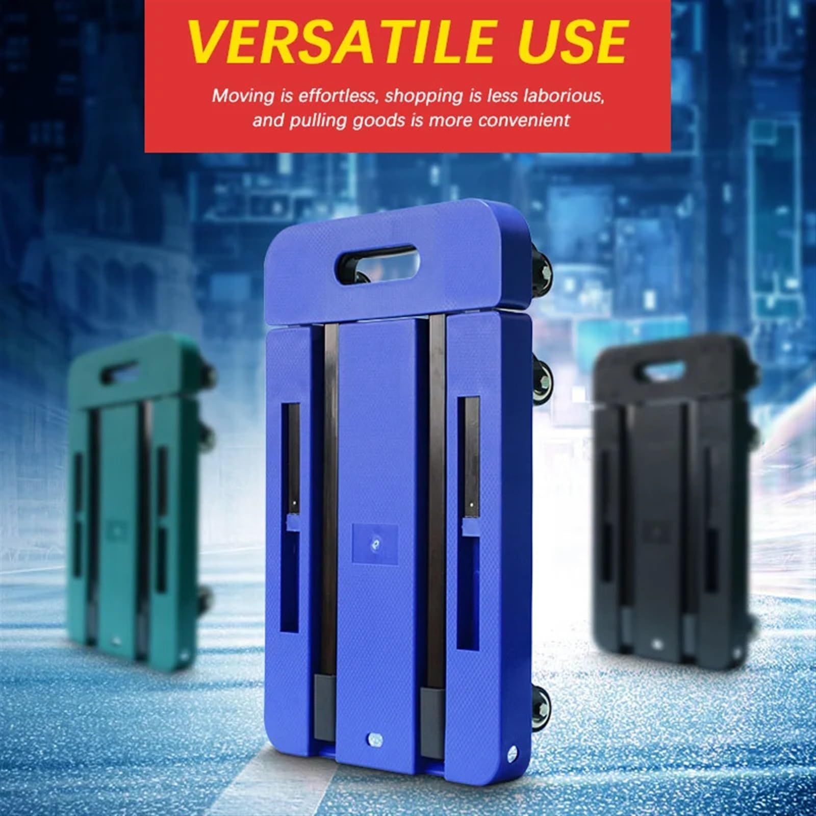 Carrello pieghevole in plastica, capacità 200 kg, 6 ruote, piattaforma piatta resistente per lo spostamento dei bagagli