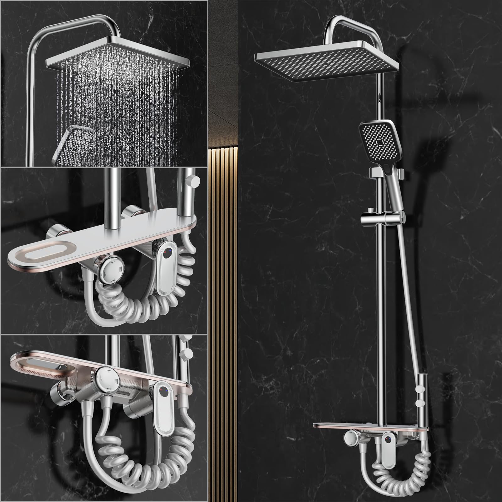 Columna Ducha Cromo con Grifo, Cabezal Efecto Lluvia 30x20cm | Barra Ajustable 80–135 cm, Ducha de Mano 3 Modos, Acero Inoxidable
