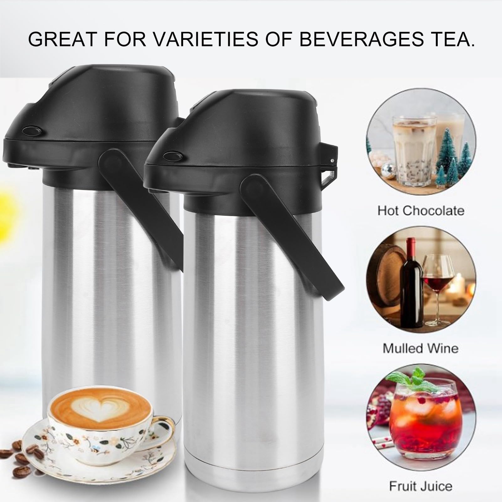 Dispensador de bebidas aislado con bomba, jarra térmica de acero inoxidable de 1,6 l para café frío y caliente, té, chocolate caliente, termo de doble pared para oficina, fiesta (1.9L)