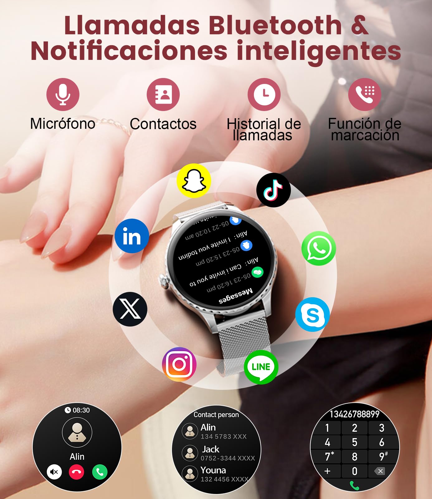 Reloj Inteligente Mujer Redondo,1.32" Amoled/Llamadas Bluetooth,SmartWatch Mujer con Función Femenina/Monitor de Sueño/24H Pulsometro,110+ Deportes/IP68 para iOS Android (Malla de Plata)