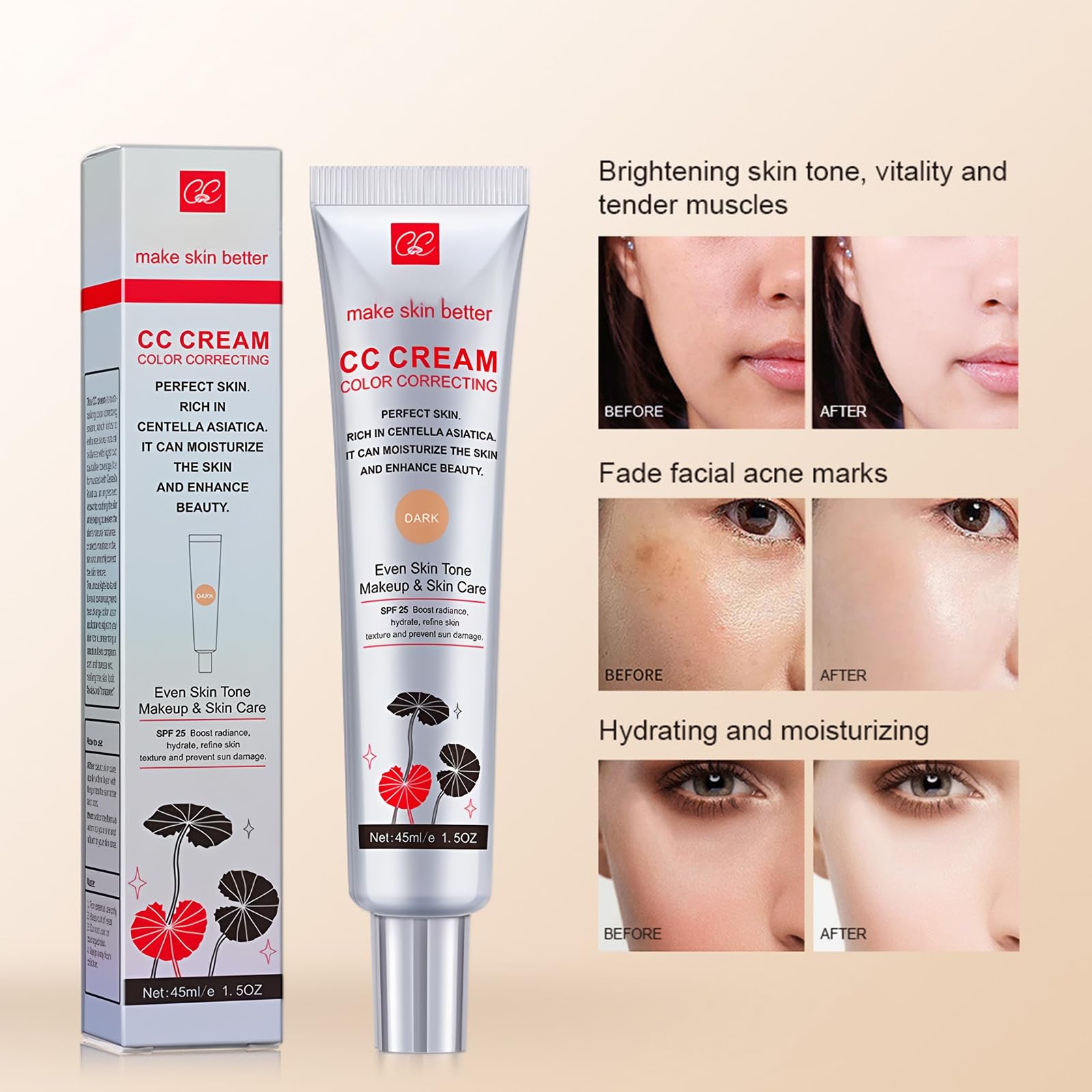Centella Asiatica CC-Creme, CC Cream Fluid podkład do zakrywania niedoskonałości skóry, LSF 25+, do dostosowania kolorytu skóry, pełne pokrycie, korektor kolorów makijażu