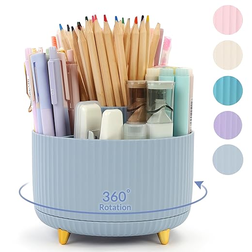 SKYDUE 360 Degree Rotating Desk Organizer, Dual-Purpose Pencil Pen Holder, Rotating Desk Pen Organizer with 5 Slots, Pencil Cup for Office, School, Home (Airy Blue)