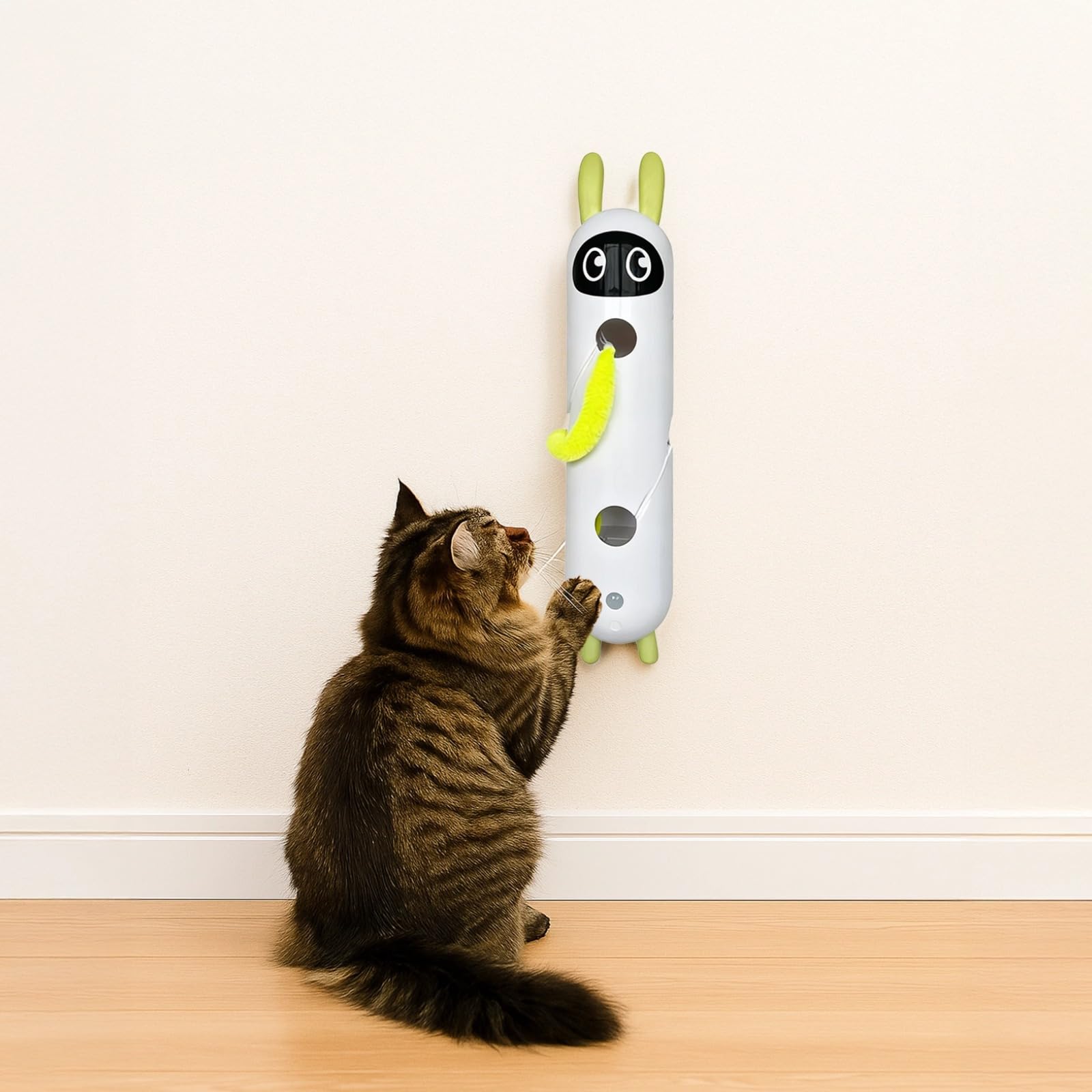 Juguete interactivo de plumas de gato, juguete automático de cola esponjosa con gusano de felpa, diseño de conejo, ventosa doble, recargable por USB, para jugar en interiores