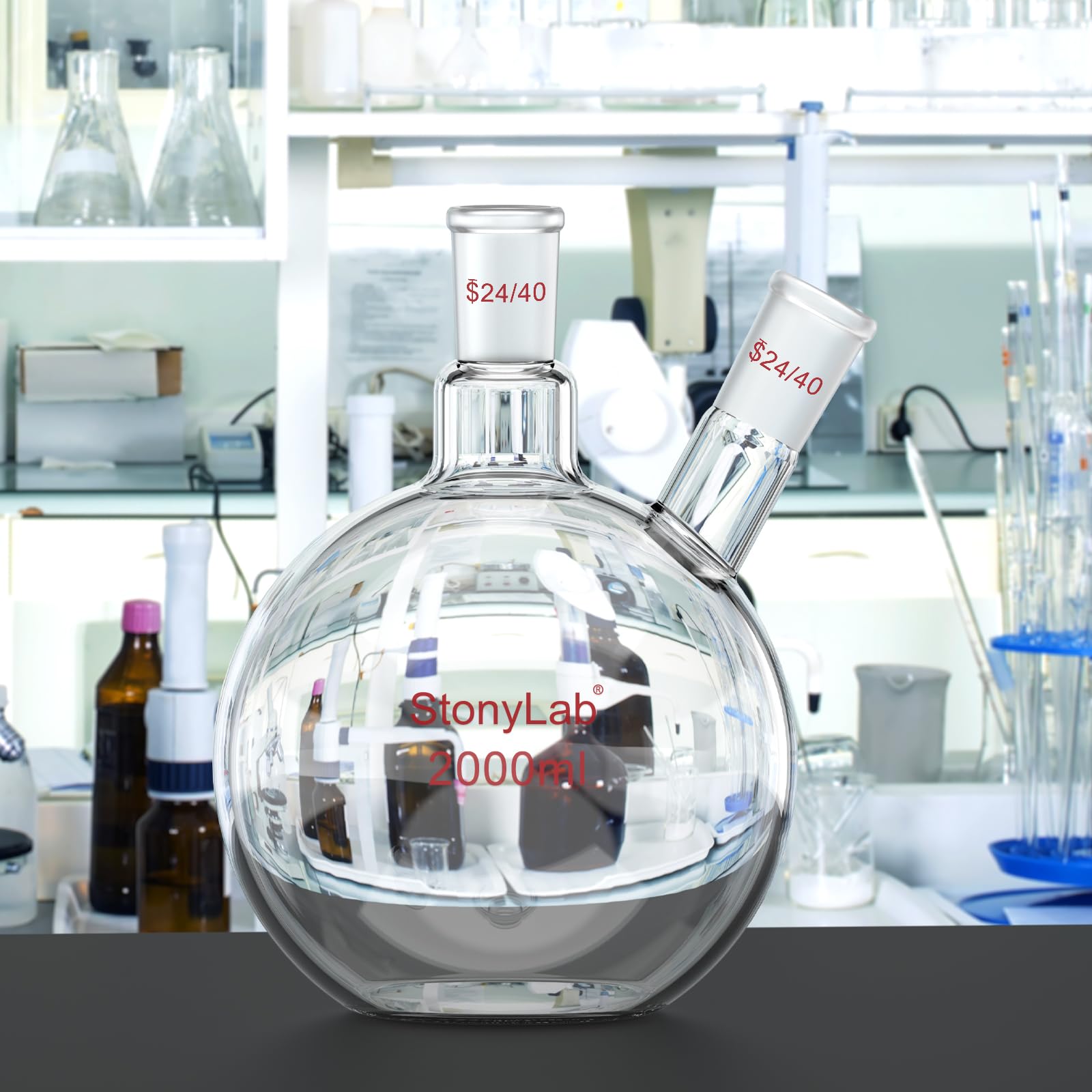 stonylab Pallone a Fondo Piatto FBF, Muro Pesante 2-Collo Fiaschetta da Laboratorio Vetro Borosilicato Fondo Piatto Pallone Bollente con 24/40 Giunto Standard, 2000 ml (2 L)