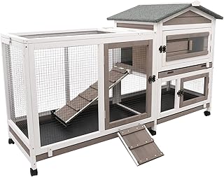 Rabbit Hutch - Jaula de conejo de 2 pisos para interiores y exteriores, con 3 bandejas sin fugas, jaula de conejillo de indias de 55.31 pulgadas de largo, jaula de conejo con 6 ruedas para