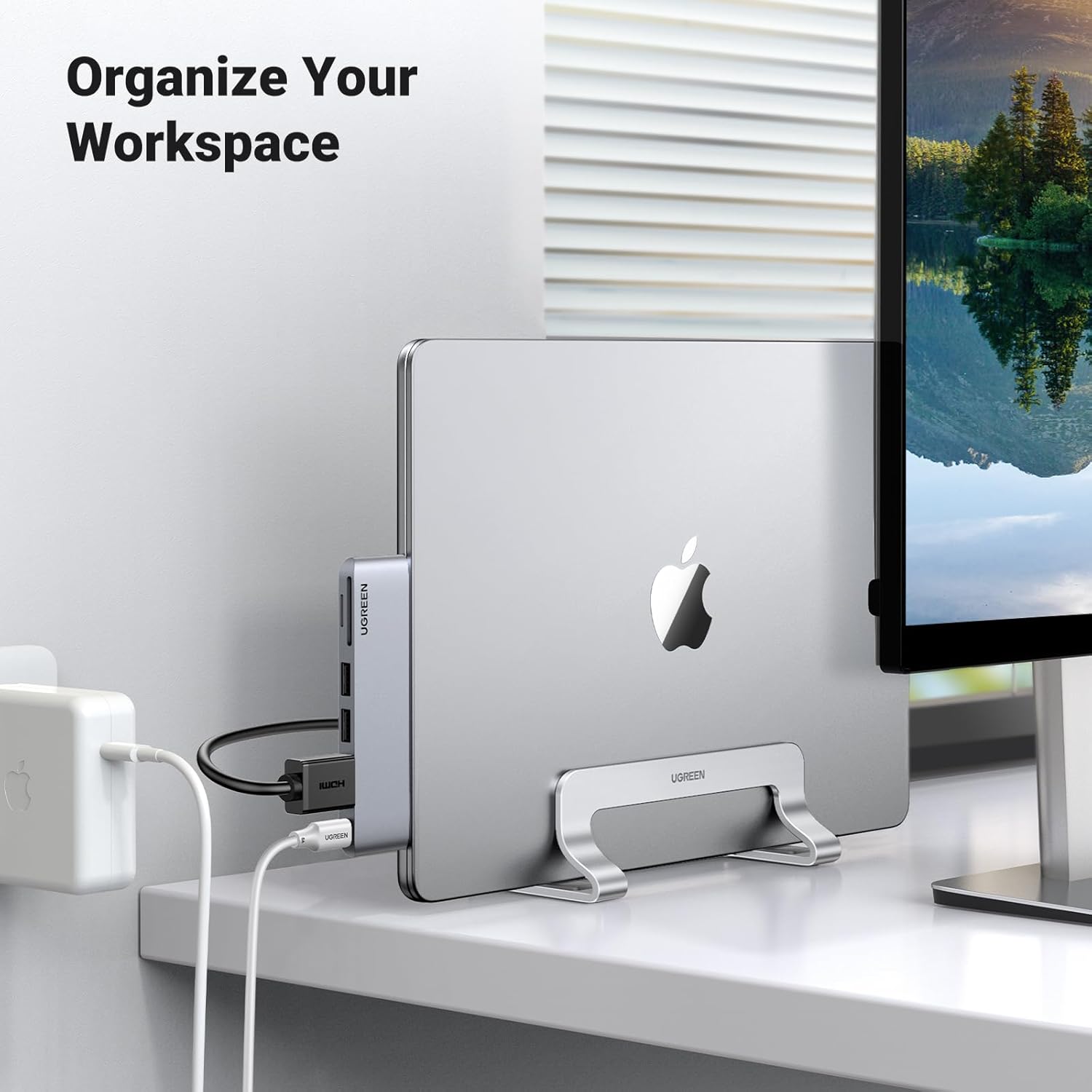 UGREEN Vertical Laptop Stand Holder for Desk Compatible with MacBook Pro, MacBook Air Stand Vertical Aluminum Adjustable for Up to 17.3 Inch Gaming Laptop, Silver