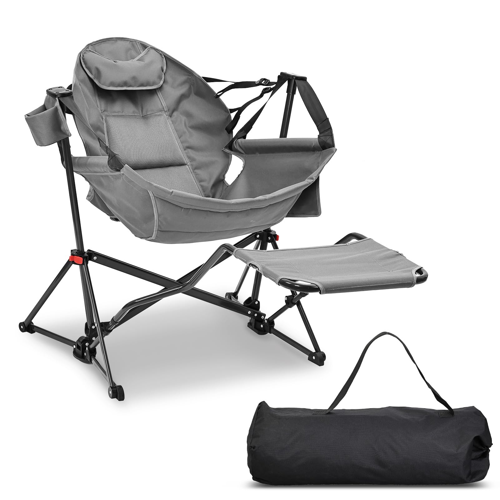 GDY Camping Chairs, Oversized Hammock, Folding Rocking, Adjustable Back Swing Chairs, Cup Holder, Outdoor Beach Lawn, Gray.