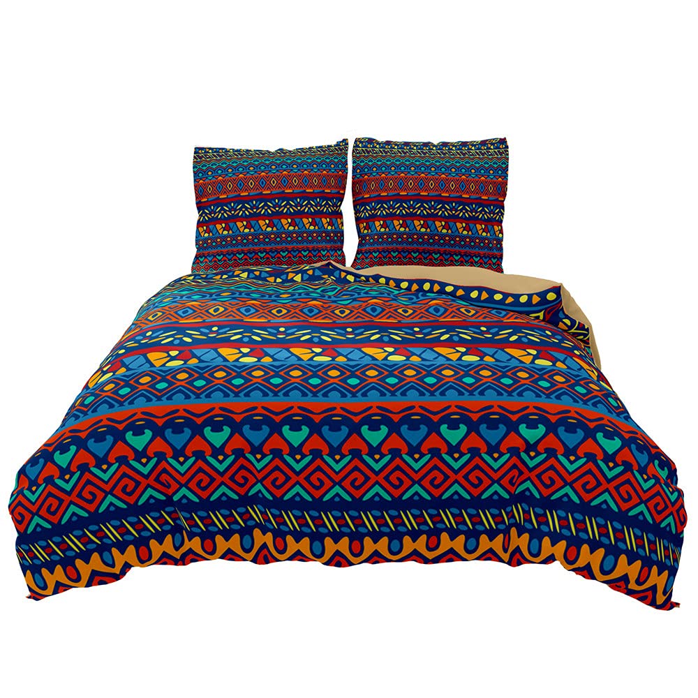 Housse de couette 220x240cm bleu style ethnique bohème imprimé 3D avec ses 2 taies d'oreiller