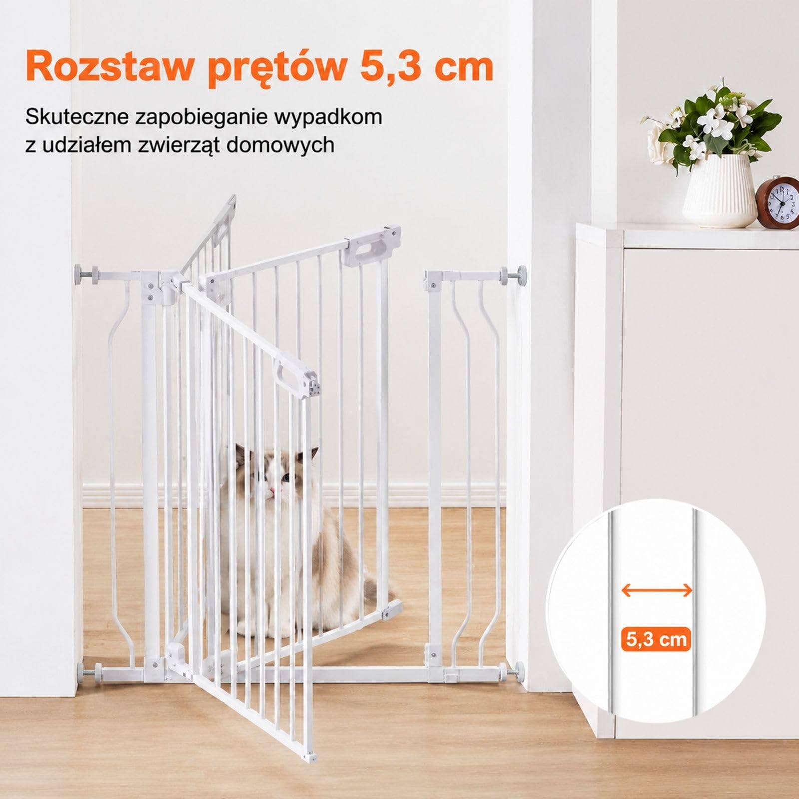 Biała bramka dla zwierząt z żelaza i tworzywa sztucznego, z dwustronnym otwieraniem, do montażu bez wiercenia w drzwiach i przy schodach