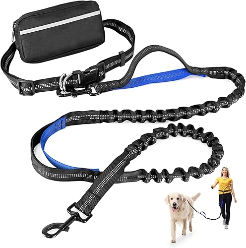 Miniatura 8 de Correa de perro manos libres con bolsa de cremallera, correa elástica retráctil con asas acolchadas dobles y cinturón de cintura para entrenamiento