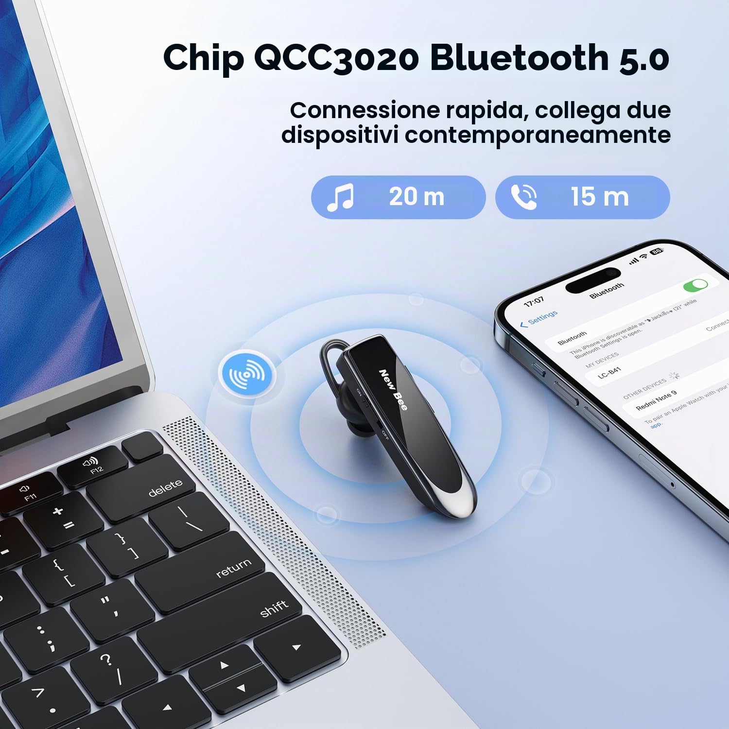 New Bee Auricolare Bluetooth V5.0 a mano libera auricolare Bluetooth con tecnologia di cattura vocale chiara Kit auricolare- invisibile per iPhone Samsung Huawei Sony ecc (nero)