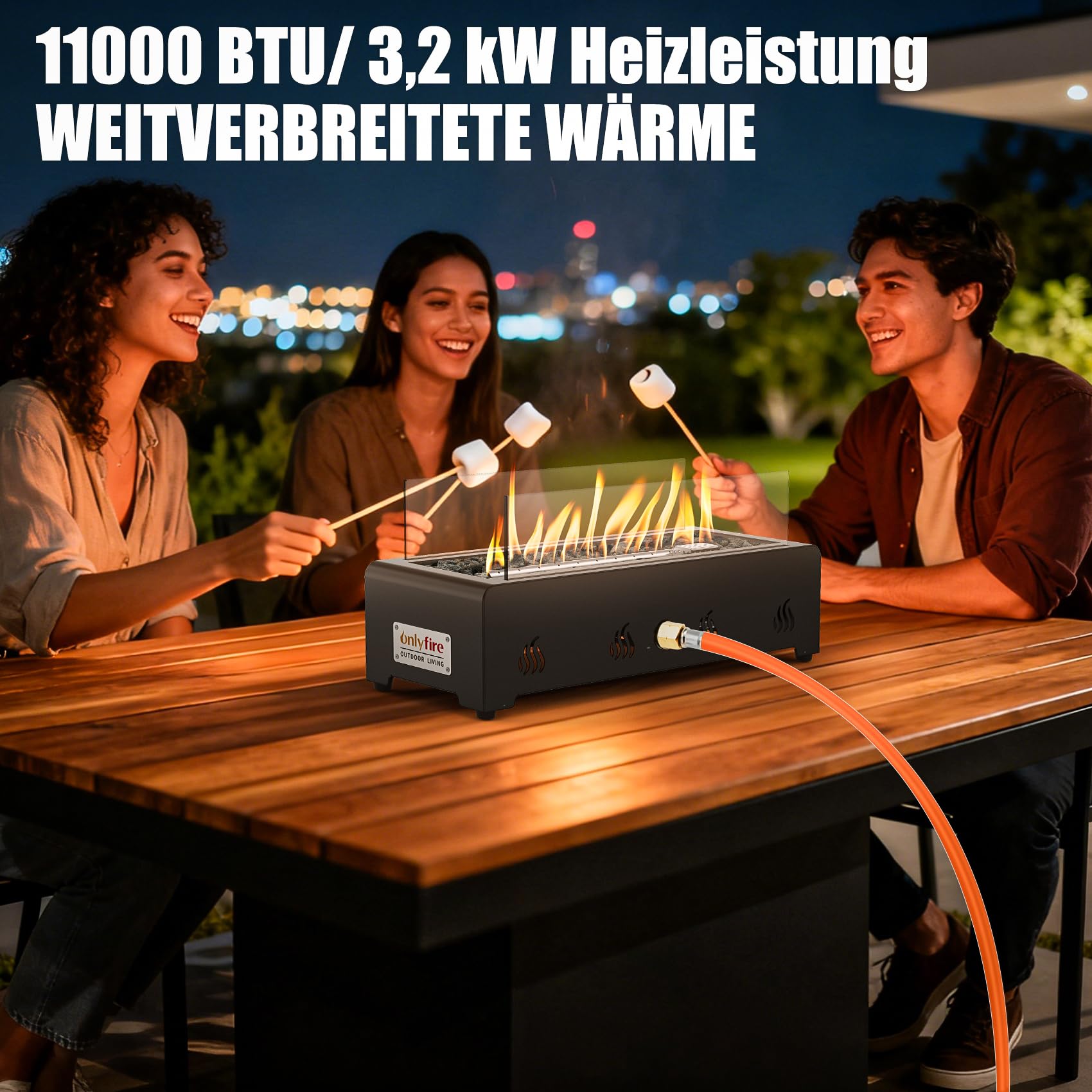 Onlyfire Tischfeuer 3,2 kW 45,7cm Kleine Feuerstelle mit Lavastein Glaswindschutz Gasdruckregler