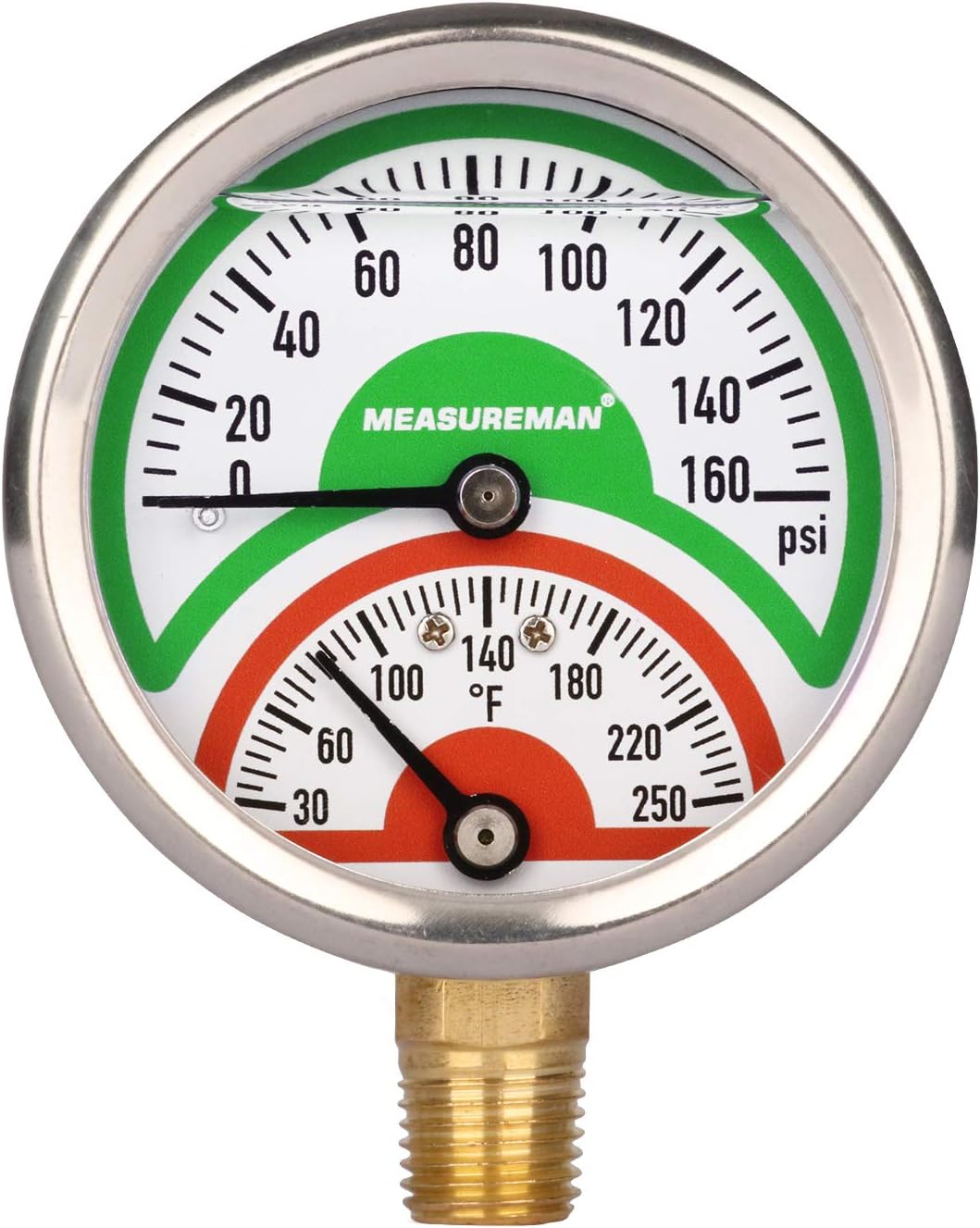 MEASUREMAN Tridicator, Thermo-Manometer, 2-1/2", Silicone Oil Filled, 0-160psi/30-250 deg F, Stainless Steel Case, 1/4" NPT Lower Mount Pressure Gauge