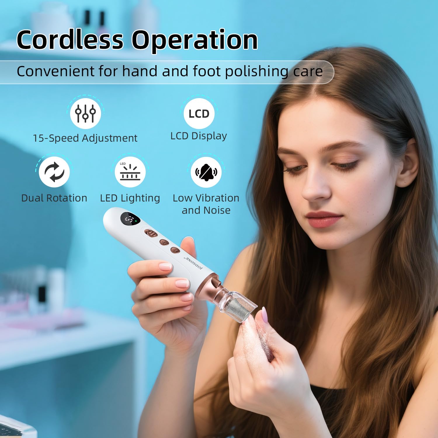 JODSONE Lima Elettrica per Piedi, Rimuovi Calli e Pelle Dura, Kit Manicure e Pedicure 2 in 1, 15 Velocità 4500RPM, Esfoliatore Piedi Senza Fili per Pelle Morta e Calli Ostinati