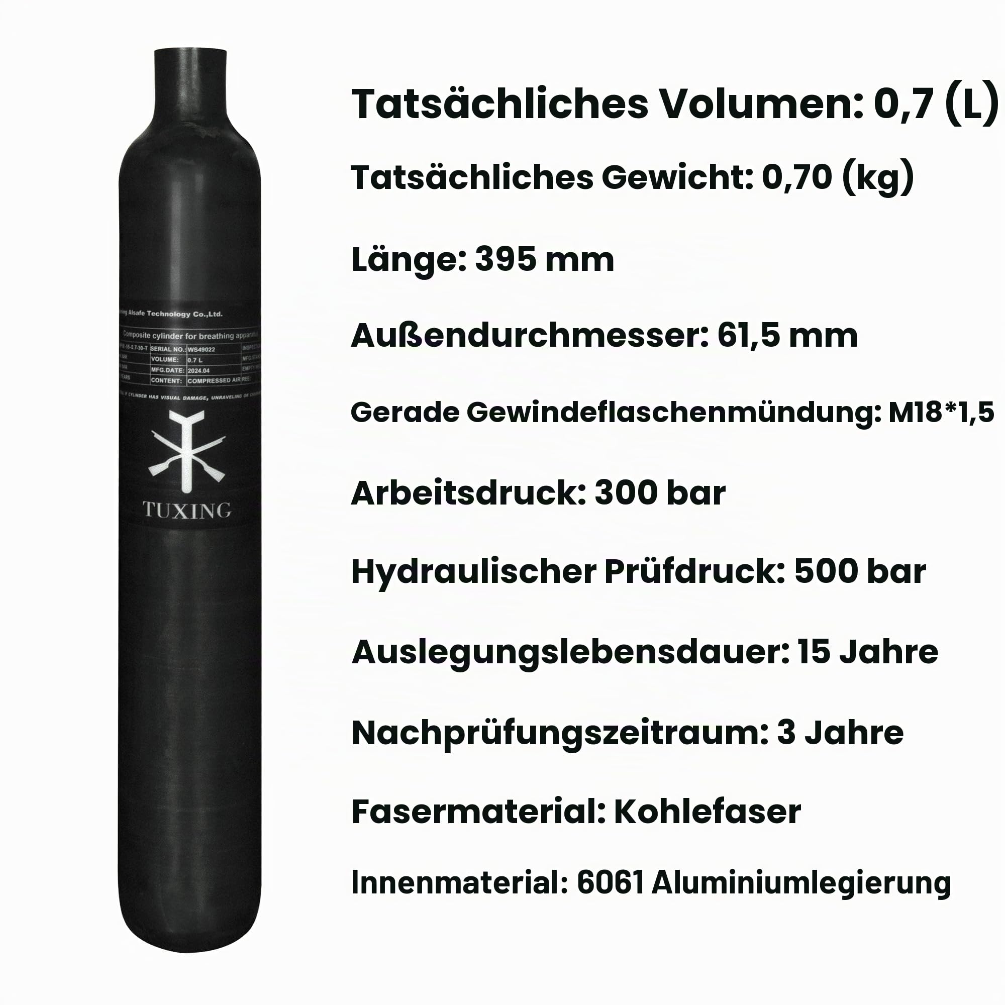 TUXING PCP Air Tank 0.7L 42Cu in 700cc, 4500Psi Carbon Fiber HPA Tank, Tauchgasflasche, für PCP Paintball Air Gun Daystate und FX Gewinde M18*1.5