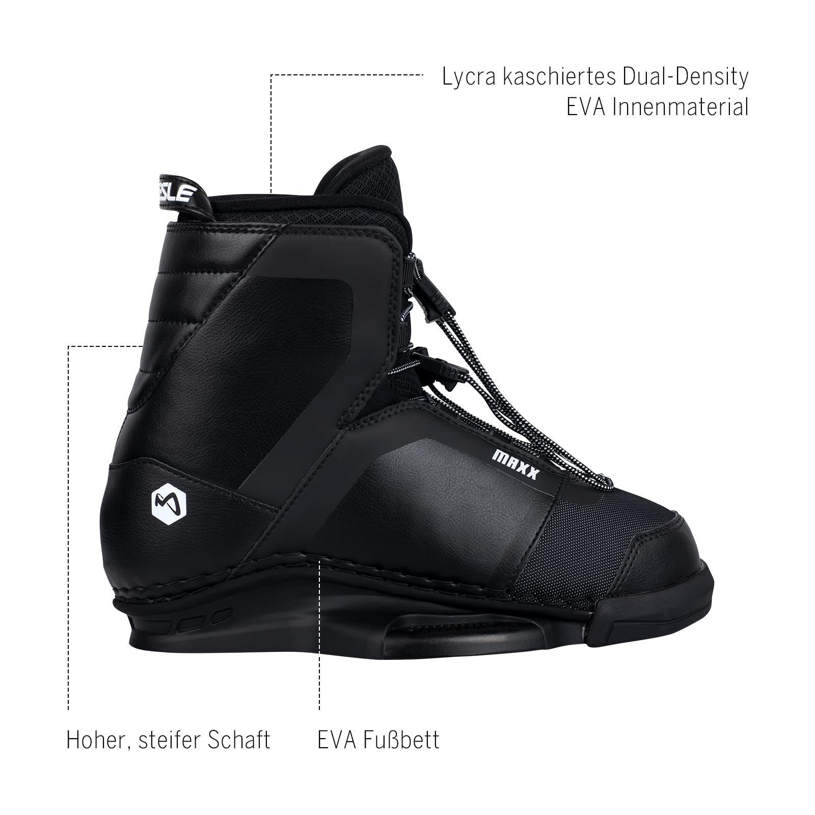 MESLE Wakeboard-Bindung Maxx, 41.5-47.5 EU, Closed-Toe Boots für Fortgeschrittene & Profis, für Boot und Seilbahn, schwarz