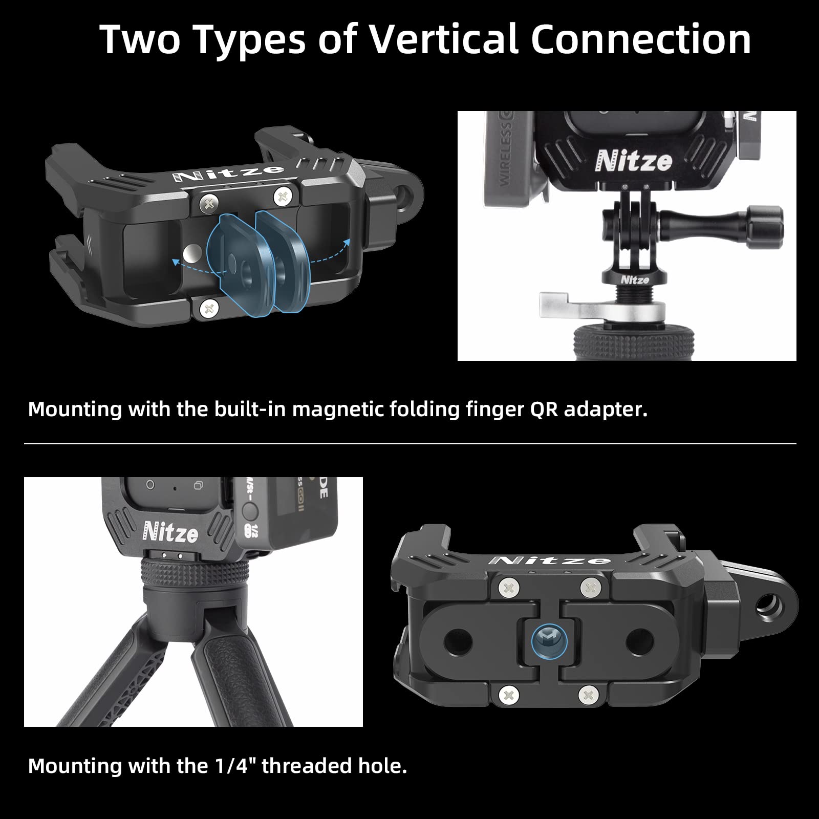 Nitze 360 X3 Gabbia per Insta360 X3, Alluminio Cage per Fotocamera con Fori Filettati da 1/4" e Fori di Posizionamento, con Adattatori Pieghevoli per le Dita e Doppie Cold Shoe - T-IN01A