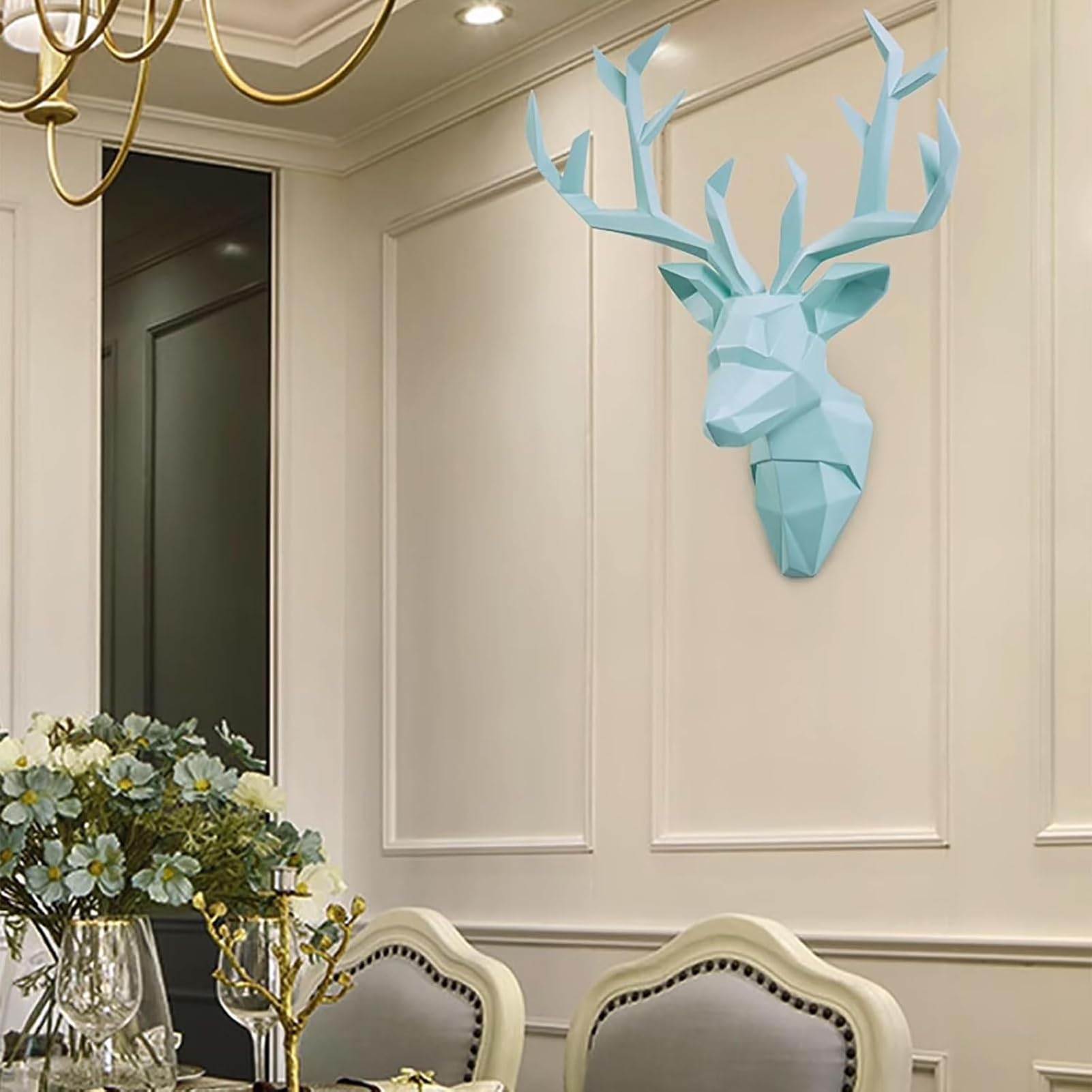 Scultura artistica da parete 3D a forma di testa di cervo, decorazione geometrica a forma di testa di animale, in resina, da appendere alla parete, per soggiorno e