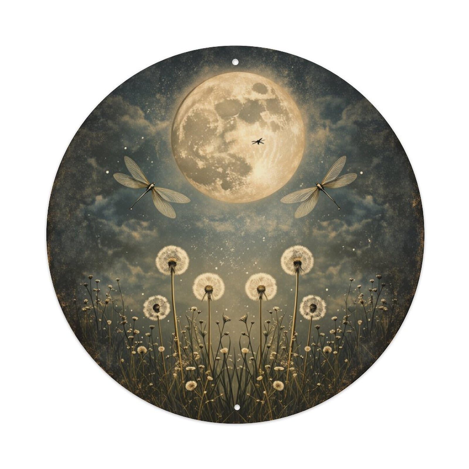 Moonlit Dandelions Dragonflies Night Sky Round Tin Sign Vintage Metal Poster, Home Bar Garage Man Cave Cafe Indoor & Outdoor Wall Decoration 8x8Inches