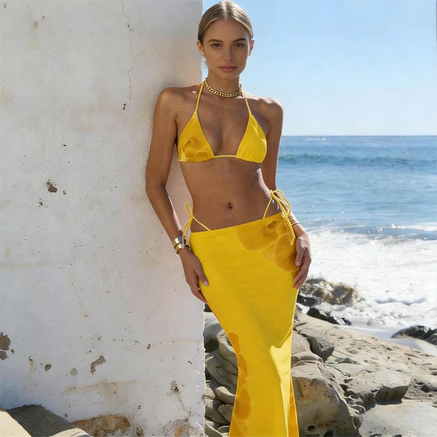 Women's Long Skirt Bikini Set Floral Print High Slit Halter Top Swimsuit Tie Side Beach Vacation Cover Up - Image 2