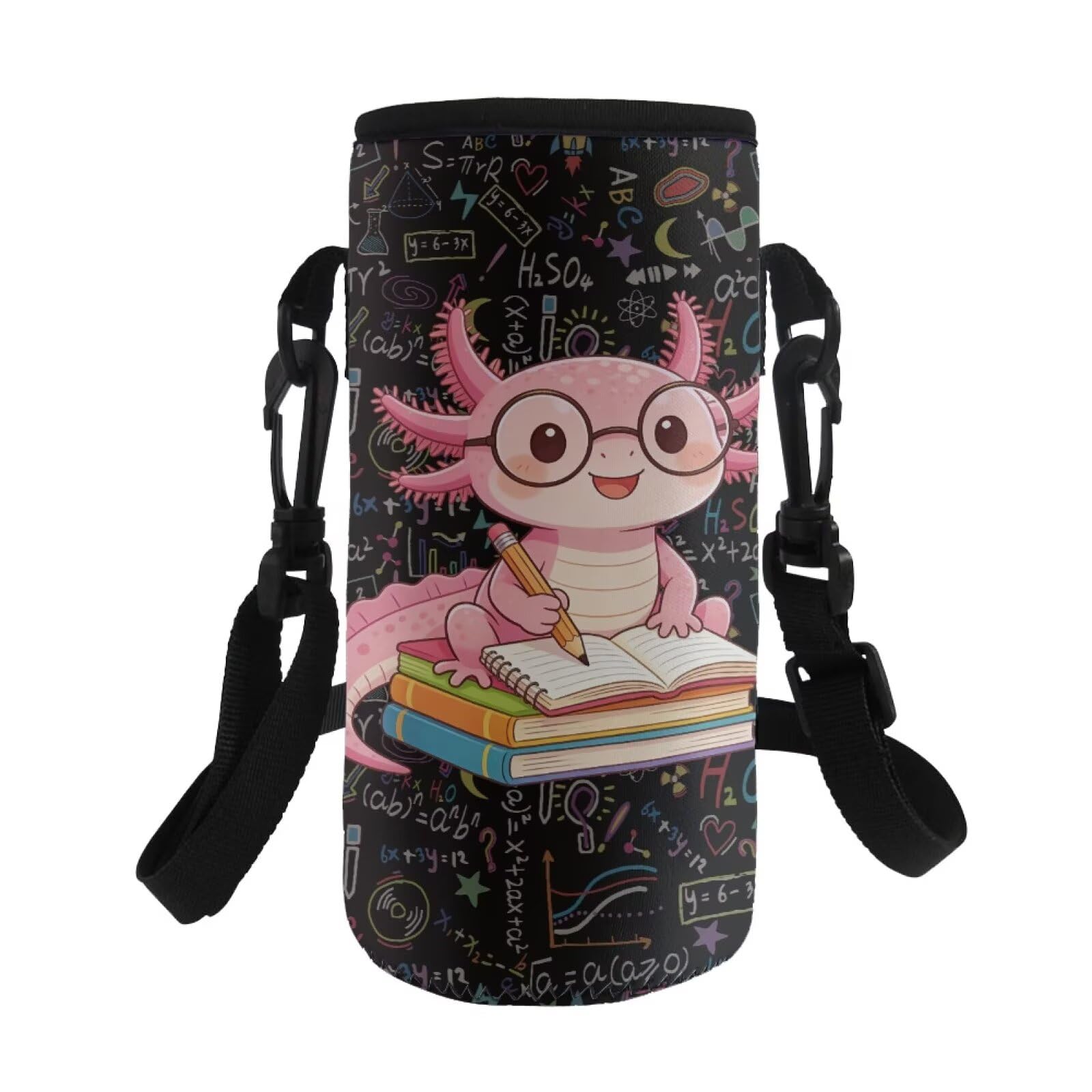 COEQINE Axolotl Math Formula Black Kids Insulated Water Bottle for School Insulated Neoprene Water Bottle Carrier Holder Bag Adjustable Shoulder Strap Print for Adult Kids Walking Hiking โ image 1