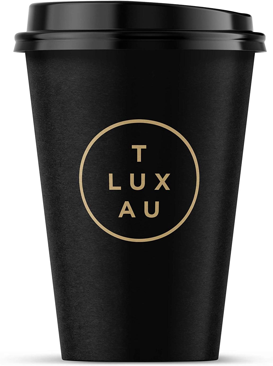 TLUXAU Luxury Black 12 oz Disposable Coffee Cups with Lids. Box of 75.