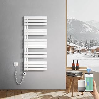 Heilmetz Badheizkörper Elektrisch 1176 x 500mm Weiß mit WIFI Smart Heizstab 600W, Flach Handtuchwärmer Elektrischer Handtuchheizkörper mit Smartes Heizelement für Handtuchtrockner APP-Steuerung