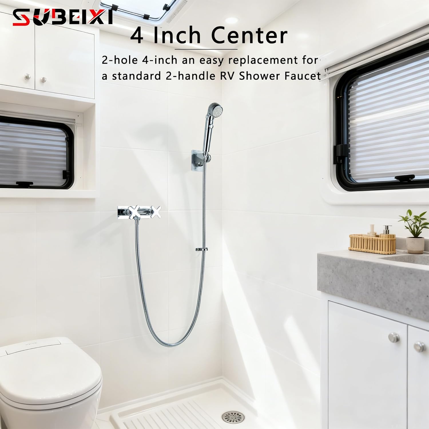 RV Shower Faucet, Chrome Metal Camper Shower Faucet Replacement, 4" RV Outdoor Shower with Filter Handheld for Travel Trailer, Camper, Motorhome