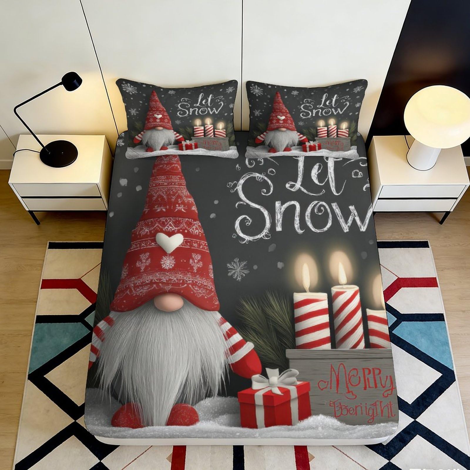 3D Printed Christmas Gnome Fitted Sheet Microfiber Deep Pocket Bedroom Bedding Christmas Mattress Fitted Cover for Adults 200x200x25cm 90x200x25cm