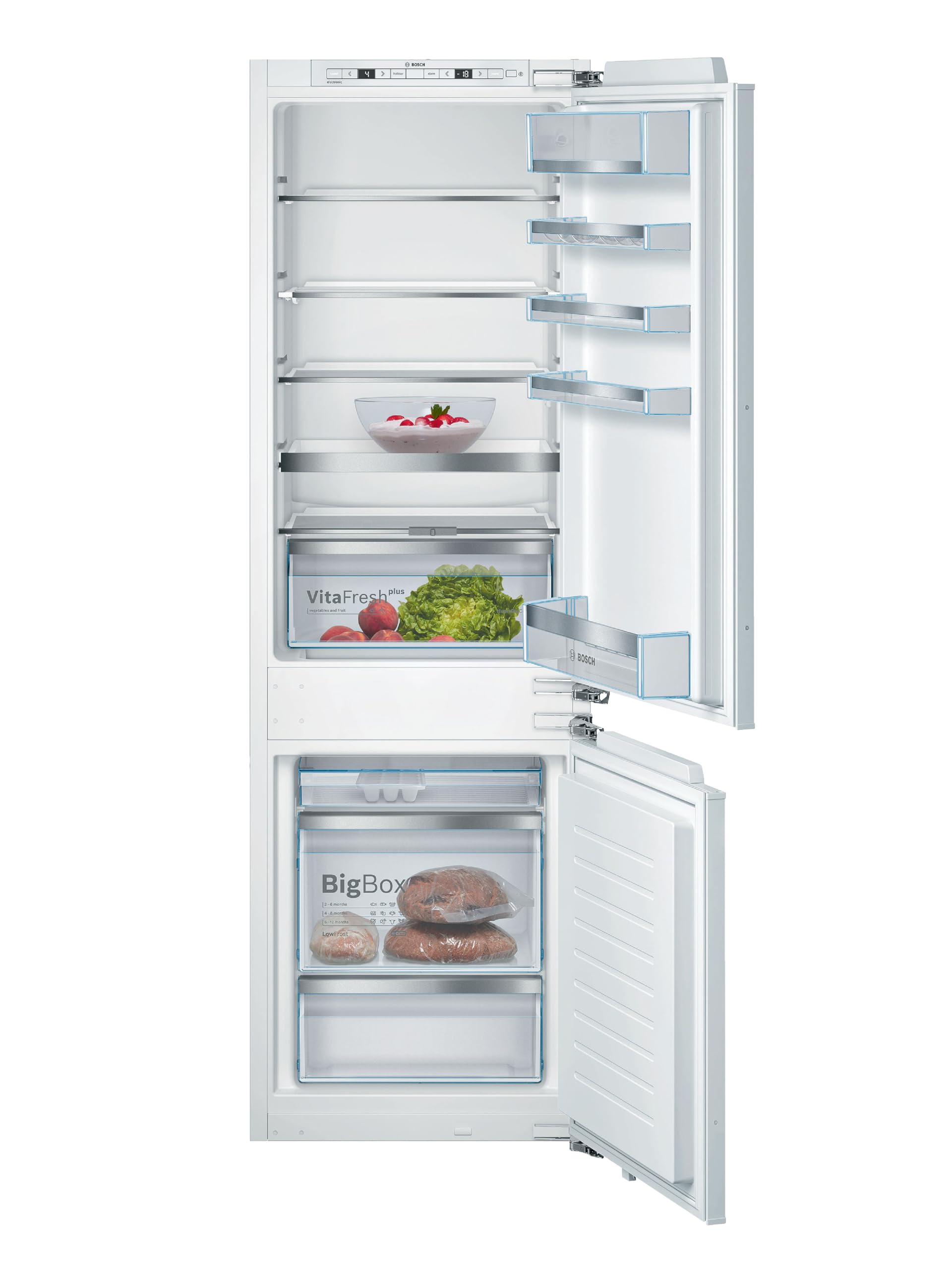 Bosch KIS86AFE0 Serie 6 Einbau-Kühl-Gefrier-Kombination, 177,5 x 56cm Nische, 191L Kühlen & 74L Gefrieren, Flachscharnier, Made in Germany, VitaFresh Plus 2x Längere Frische, LowFrost Seltener Abtauen