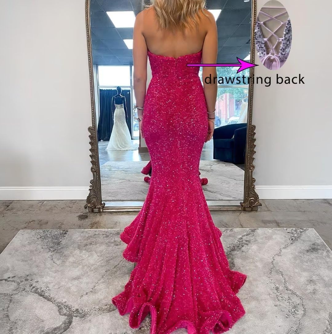 Sequin Mermaid Prom Dresses for Women Strapless V Neck Sparkly Long Bodycon Formal Evening Gowns