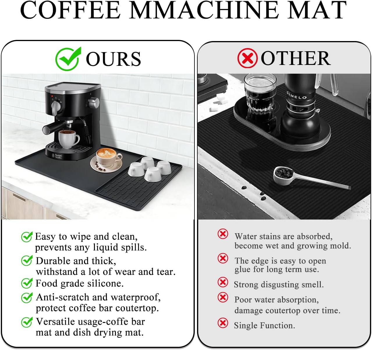 Silicone Coffee Mat for Espresso Machine ,Black, 24''x16''