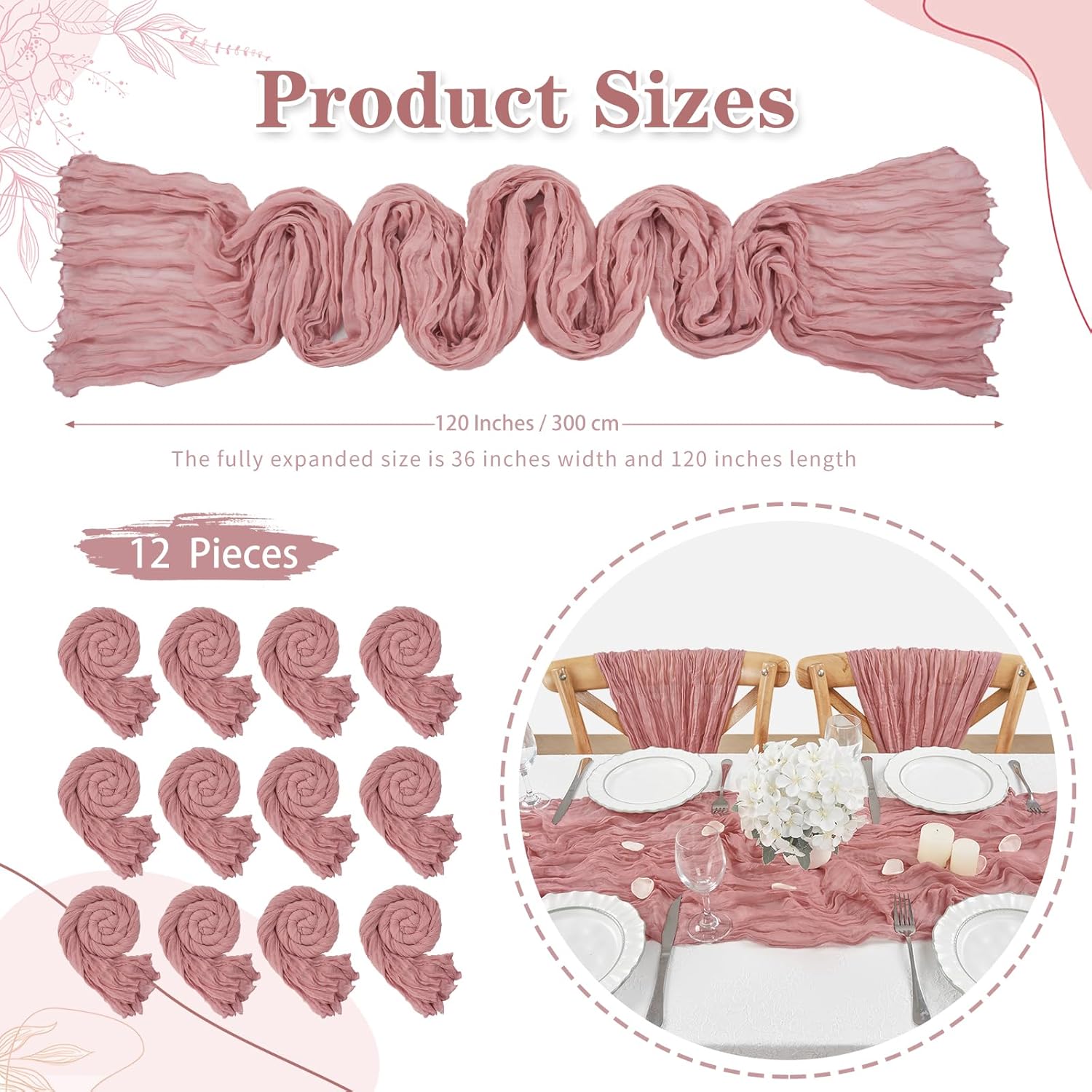 12 Packs Dusty Rose Table Runners 36x120 Inches Cheesecloth Table Runner Boho Vintage Table Lines for Wedding Bridal Shower Baby Shower Decorations