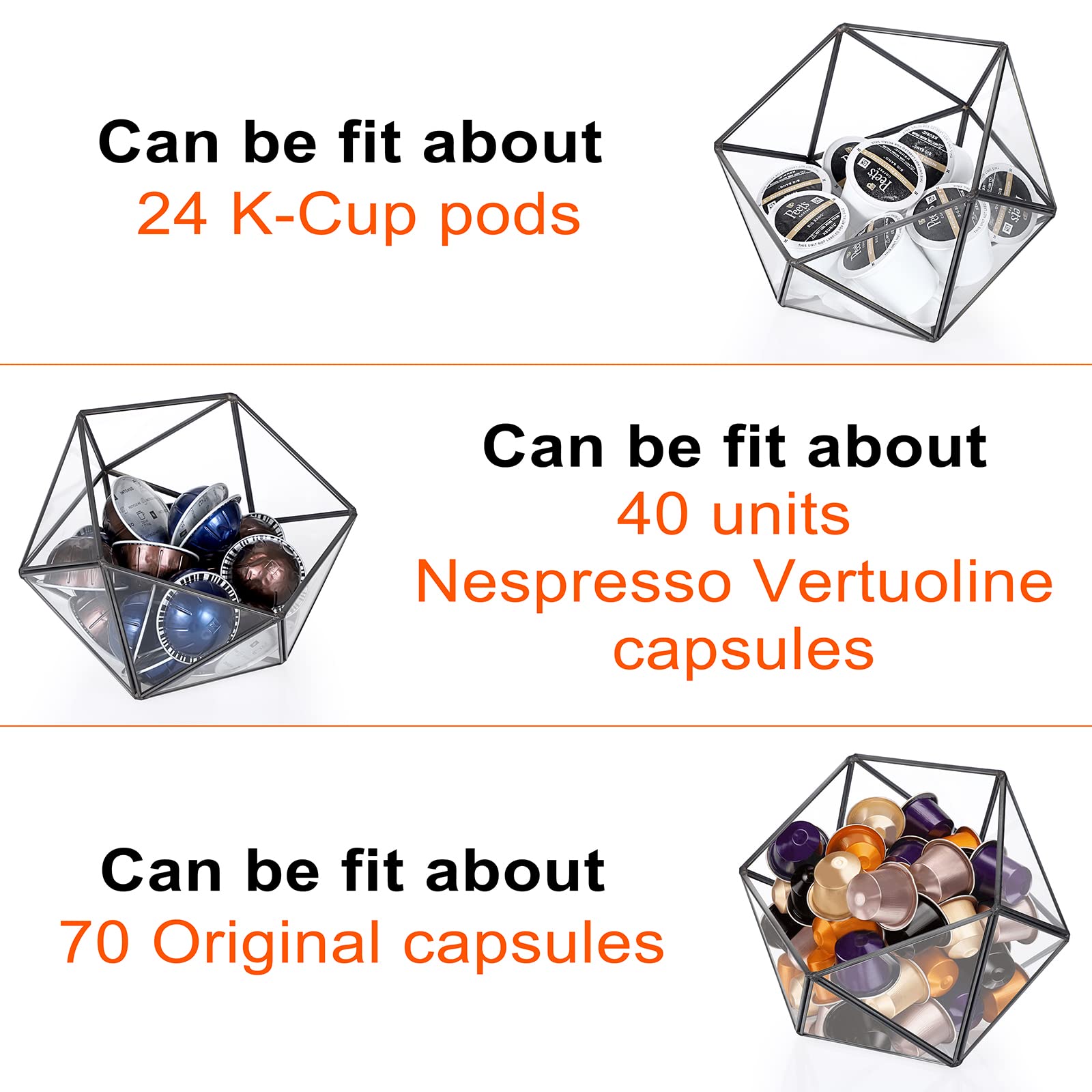 ELLDOO Porta cialde di caffè in vetro nero, 15 lati, geometrica, organizer per capsule di caffè K Cup Espresso, bustine di tè e zucchero, per cucina, bar, bancone ufficio