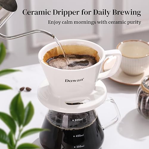 Miniatura 6 de DOWAN Gotero para verter sobre café, cafetera no eléctrica (blanco con diseño de base abierta)