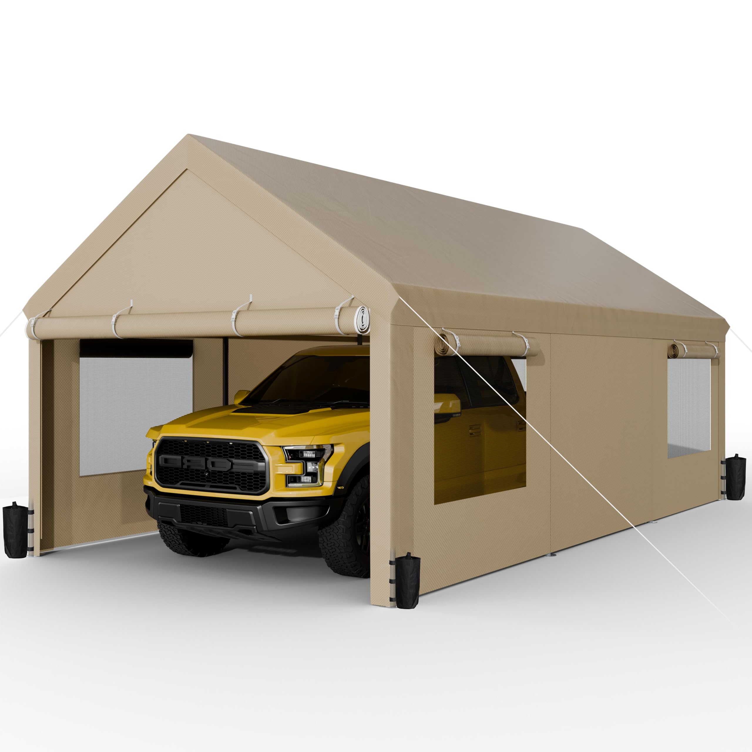JAMFLY Carport, 10x20 ft Heavy Duty Carport with Roll-up Windows, Portable Garage with Removable Sidewalls & Doors, Car Canopy with Sandbags and All-Season Tarp for Car Boat Truck Motorcycle