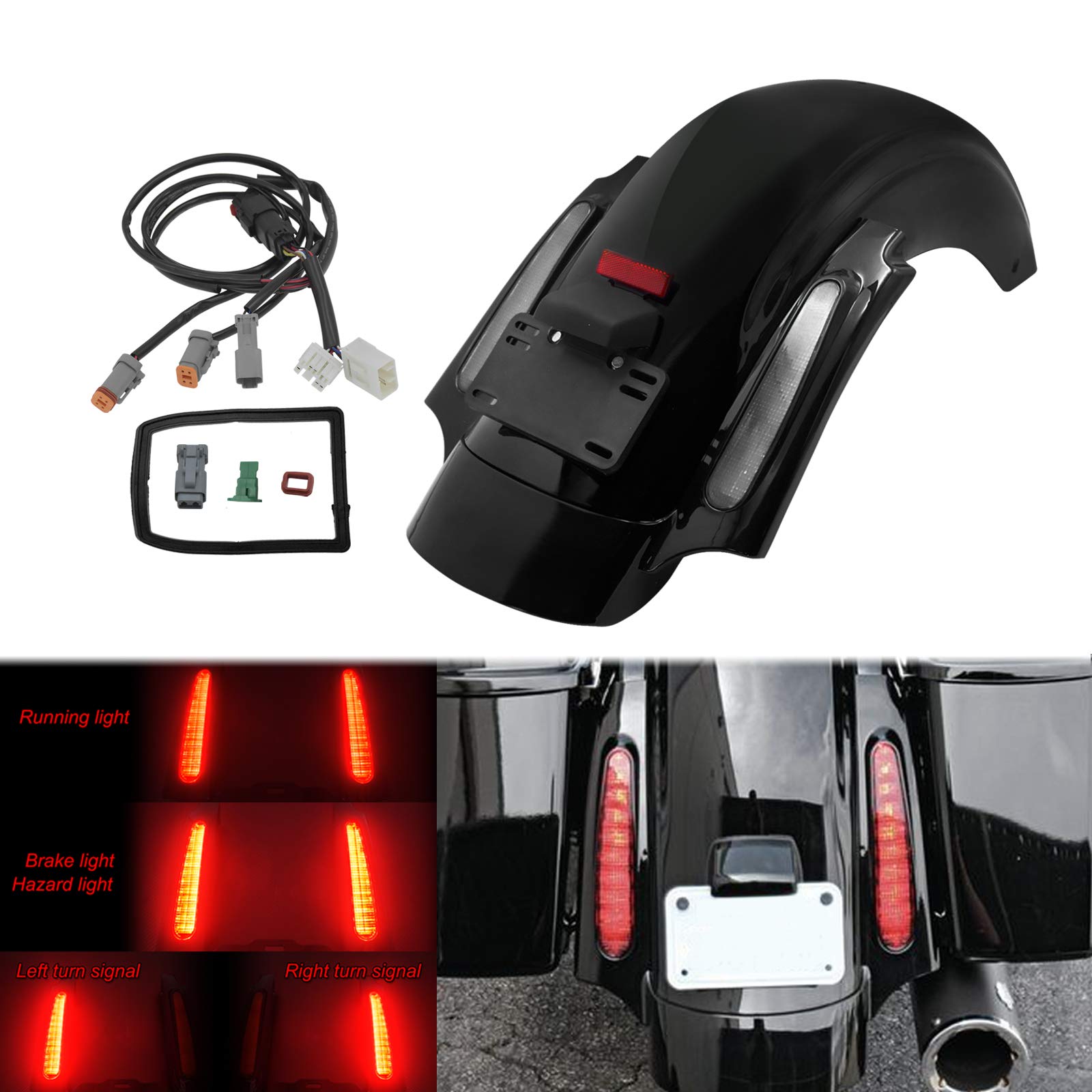 HDBUBALUS Rear Fender With LED Lights For Harley Touring (Street Glide, Road King, Electra Glide) 2014-2025 - Smoke Lens