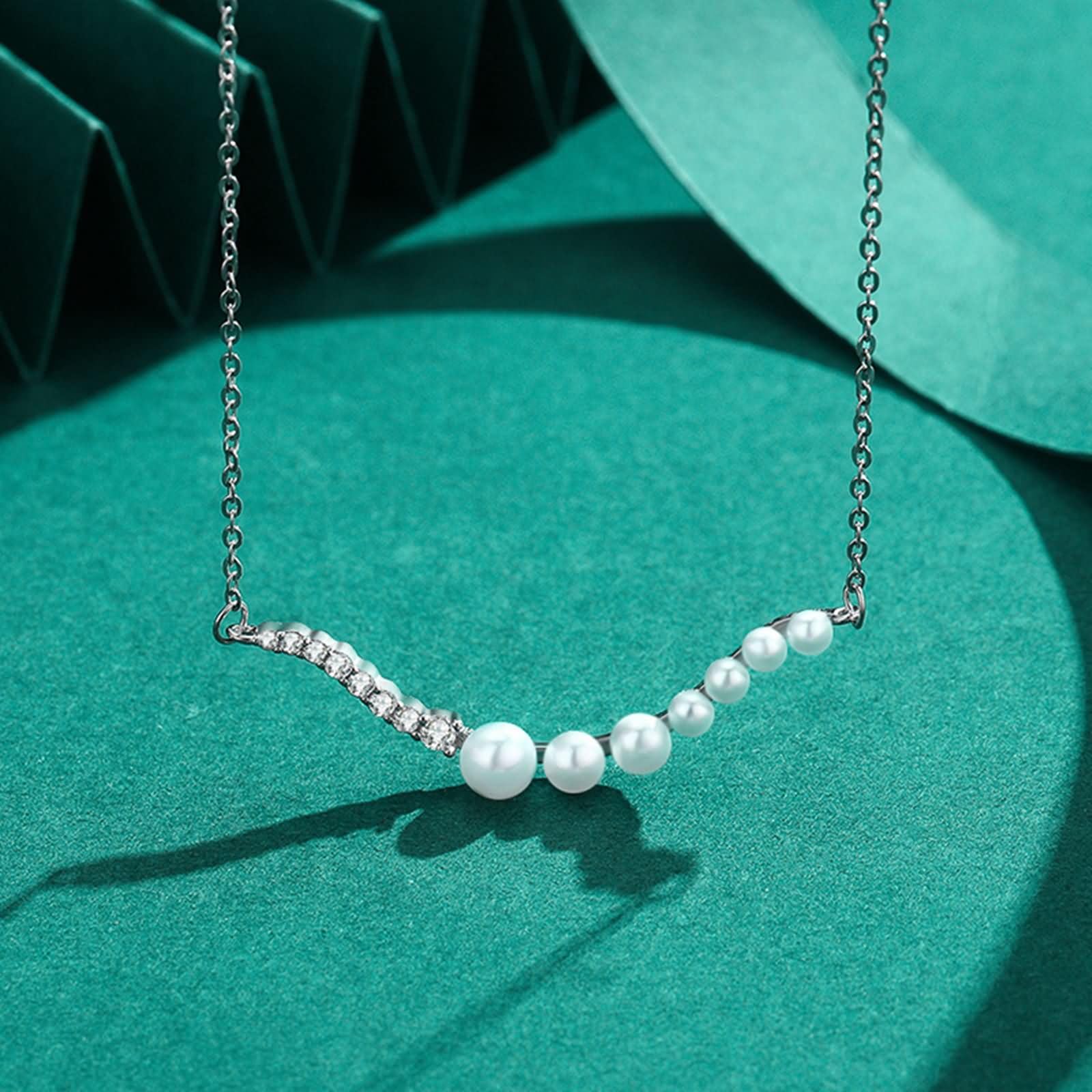 Collar de Oro Blanco 9K / 14K / 18K para Mujer, Líneas Irregulares y Perlas con Moissanita, Collar Colgante Cadena de Plata Mujer