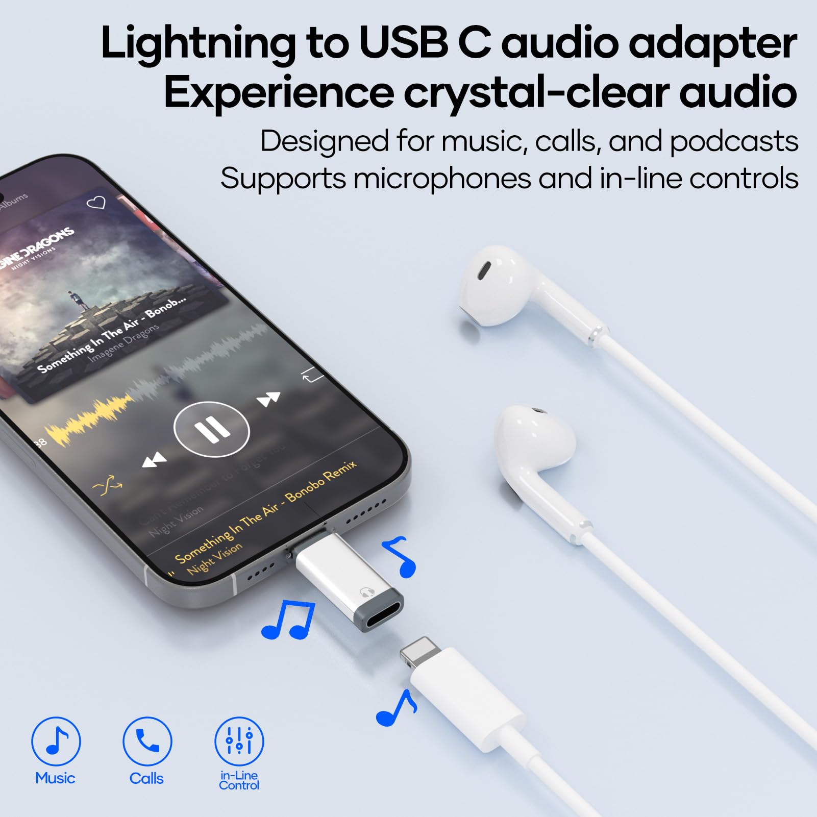bakibo Adattatore Lightning USB C Audio, Adattatore da Lightning a USB C per Auricolari Supporta Microphone Musica Controlli in Linea per i Phone 15 16 Pad S25 S24 (Non per Ricarica), Bianco