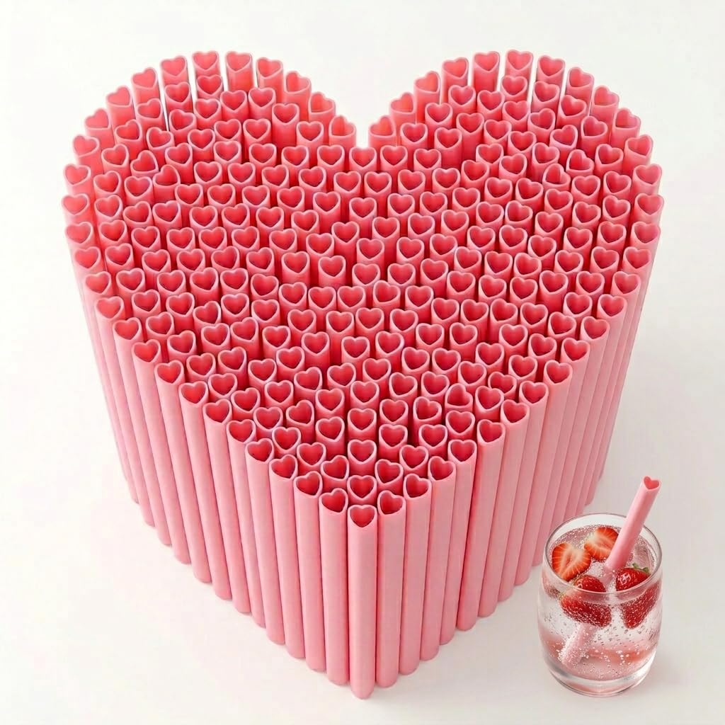 120 pitillos rosados con forma de corazón