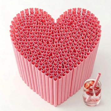 120pcs Heart Shaped Pink Straws Disposable Drinking Cute Straw Individually Wrapped Pink Plastic Straw for Galentines Day, Cocktail, Birthday Party, Bridal Shower, Wedding Decorations