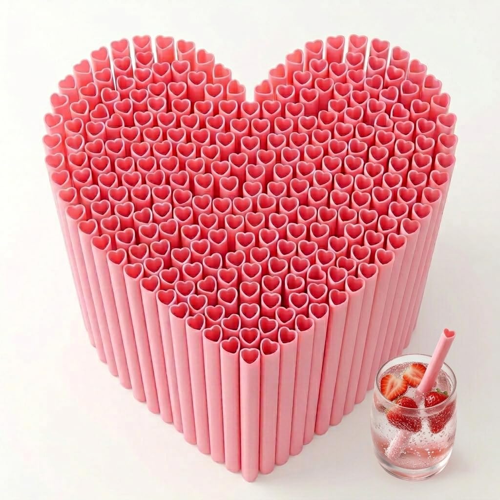 Photo 1 of 120pcs Heart Shaped Pink Straws Disposable Drinking Cute Straw Individually Wrapped Pink Plastic Straw for Galentines Day, Cocktail, Birthday Party, Bridal Shower, Wedding Decorations