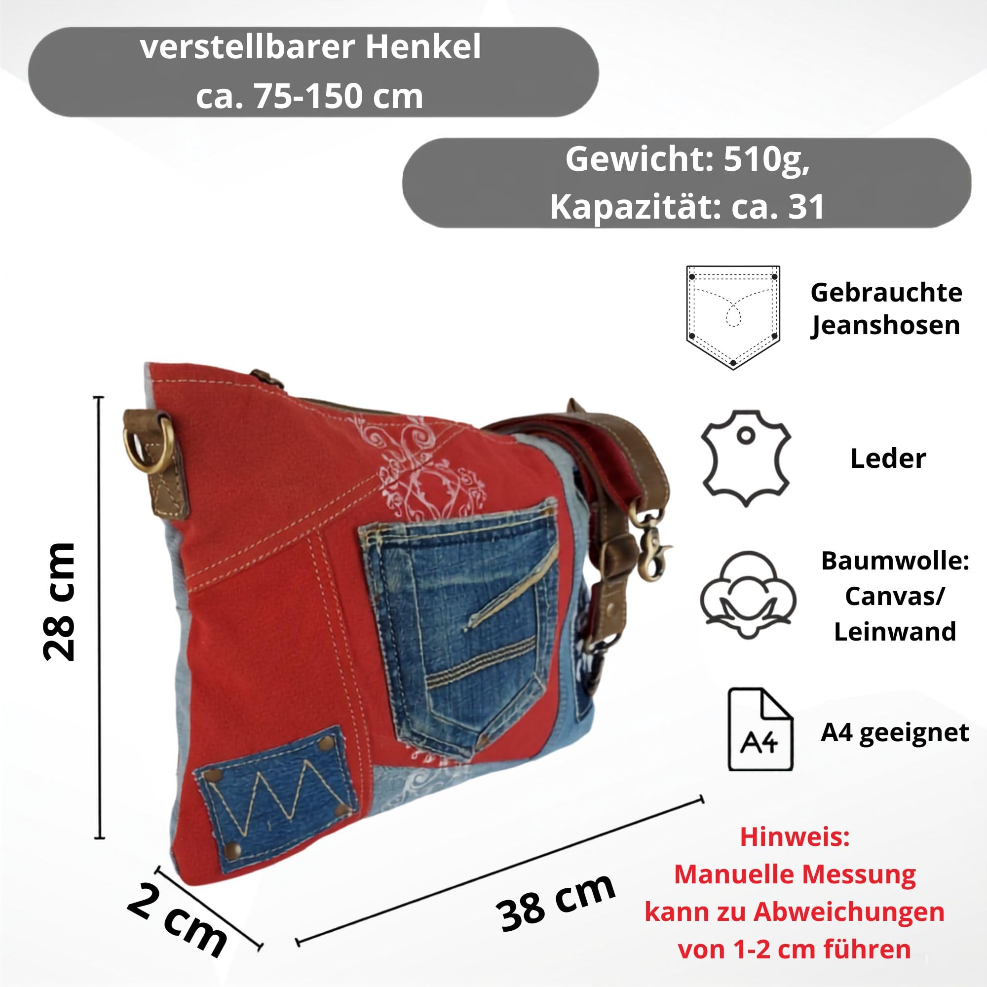 Sunsa Damen Tasche. Nachhaltige Umhängetasche. Handtasche Bag aus recycelter Jeans & Canvas in Vintage Stril. Rot/blau Schultertasche Crossover mit Verstellbarere Henkel