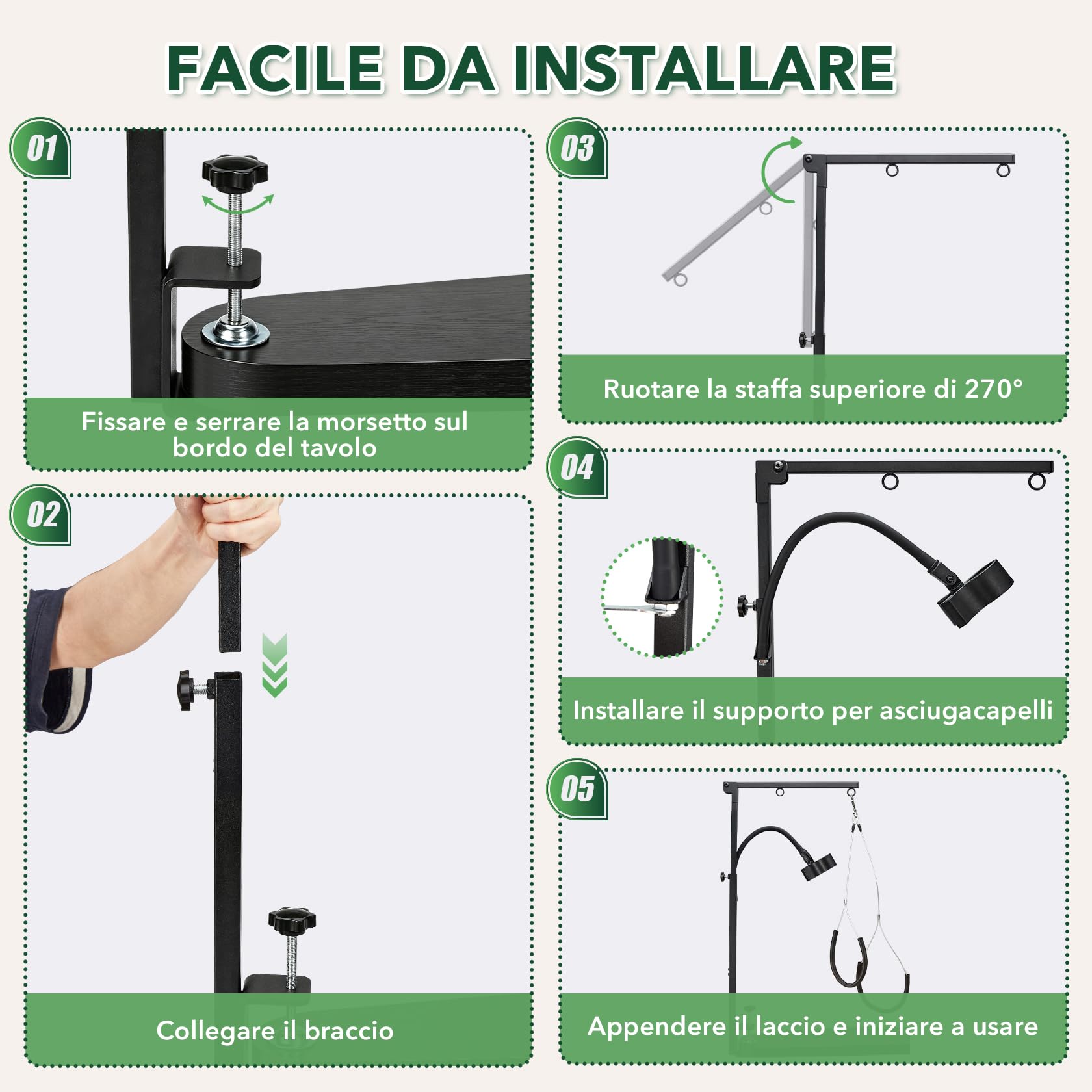 Pindex Braccio per Toelettatura Pieghevole con Morsetto, 29,13" – 40,94" (74–104 cm), con Supporto Asciugacapelli e Due Supporti Anti-Seduta per Cani Piccoli e Medi