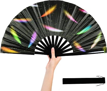 TRENDBOX UV Glow Fan 13 Inch Foldable Bamboo Hand Fan with Feather Pattern Design,Ideal for Music Festivals, Halloween, EDM, Costume Parties & More - Unisex Gift