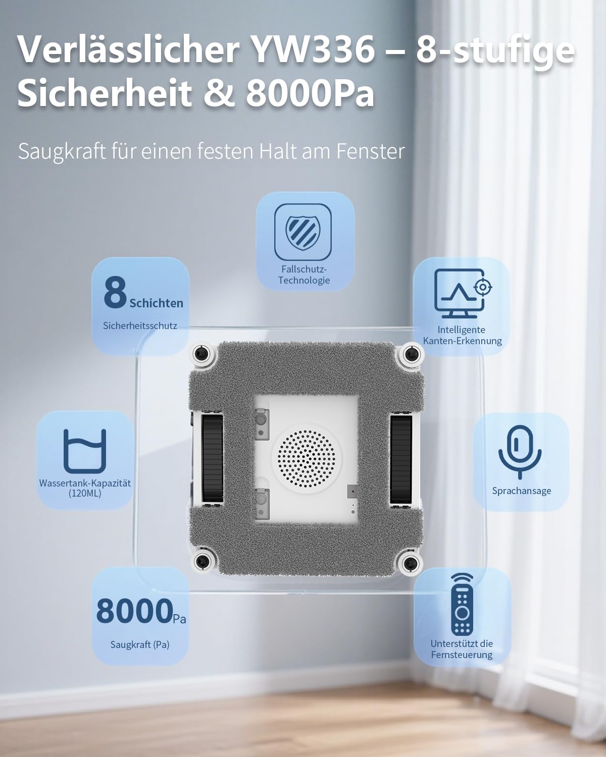Fensterroboter mit Netzkabel, 8000Pa Saugkraft für Vertikale Glas | 4 Reinigungsmodi&Fernbedienung.Dauerbetrieb mit Netzkabel ohne Akku.Nur für Fenster,Spiegel&Fliesen,keine Über-Kopf-Reinigung